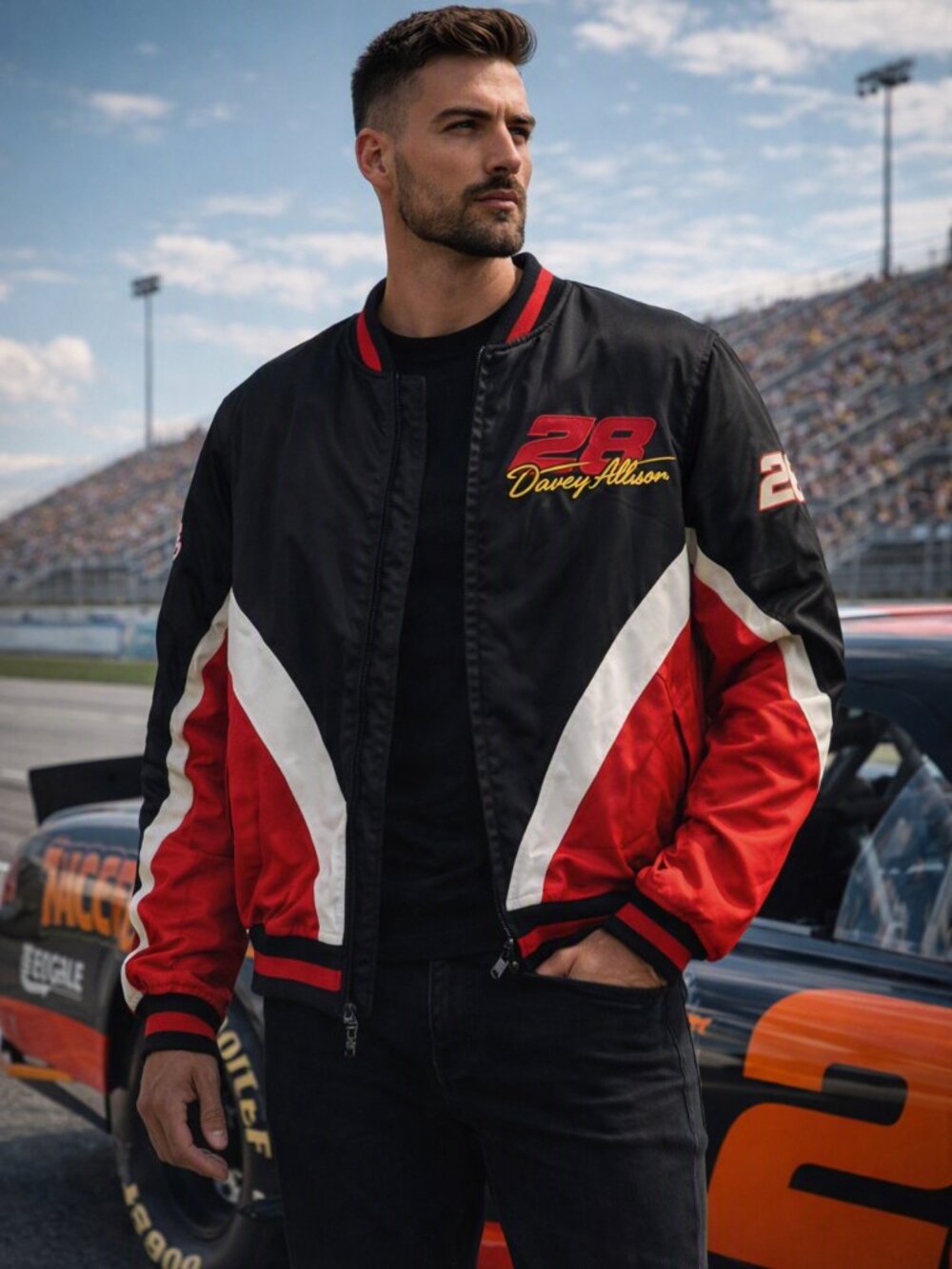 Vintage 90s Nutmeg Ernie Irvan #28 NASCAR Racing Motorsports Bomber Jacket Men M